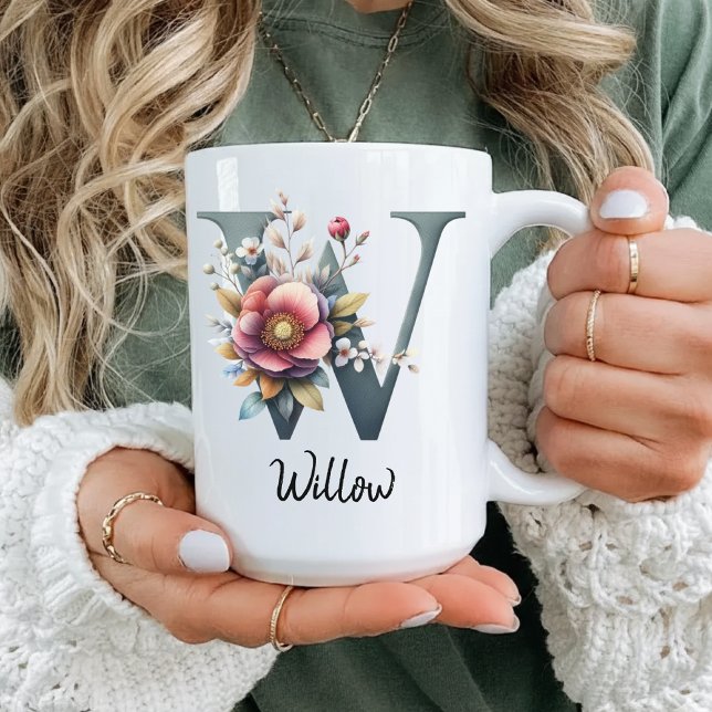 Taza De Café Elegant Floral Monogram Mug, Birthday Gift for Mom (birth flower gift, mother’s day mug, graduation gift mug, custom coworker gift, best friend mug,)