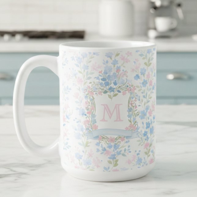 Taza De Café Elegant Floral Monogram Personalized Mug (elegant preppy girly floral grandmillennial family crest monogram personalized mug)
