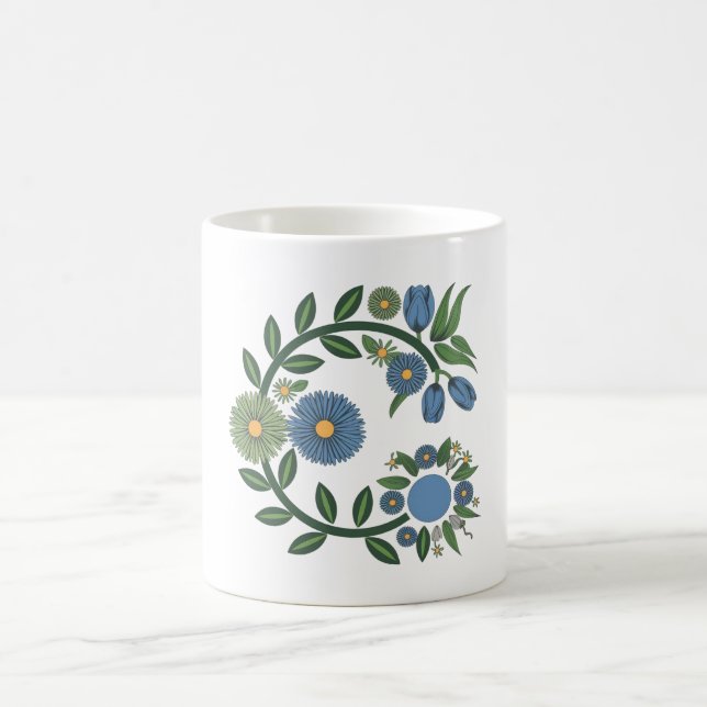 Taza De Café Elegant Floral Wreath | Blue & Green Botanical Des (Centro)