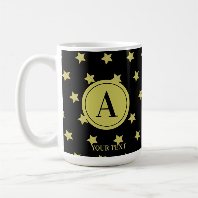 Taza De Café Elegant Gold & Black Star Pattern Monogram (Izquierda)