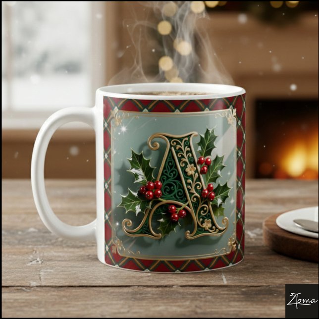 Taza De Café Elegant Gold Holly Christmas Initial Letter A (Subido por el creador)