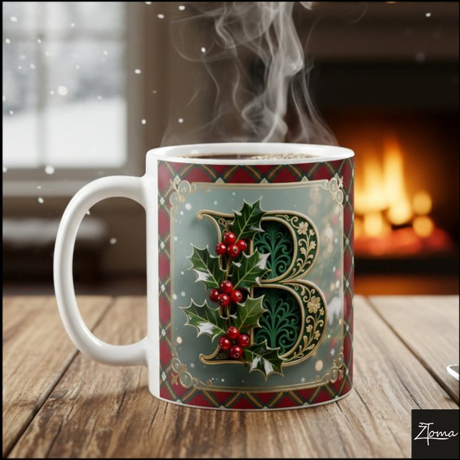 Taza De Café Elegant Gold Holly Christmas Initial Letter B (Subido por el creador)