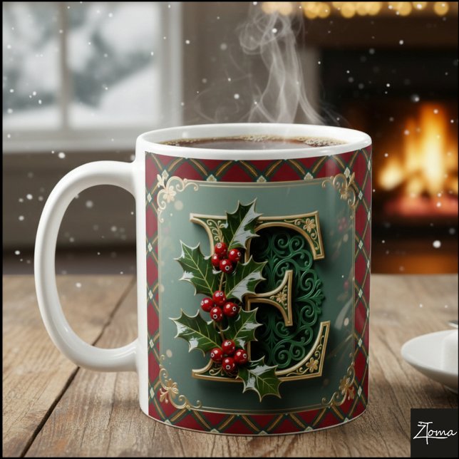 Taza De Café Elegant Gold Holly Christmas Initial Letter E (Subido por el creador)