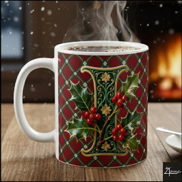 Taza De Café Elegant Gold Holly Christmas Initial Letter I
