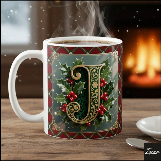 Taza De Café Elegant Gold Holly Christmas Initial Letter J (Subido por el creador)