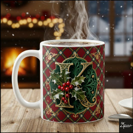 Taza De Café Elegant Gold Holly Christmas Initial Letter K