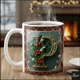 Taza De Café Elegant Gold Holly Christmas Initial Letter P