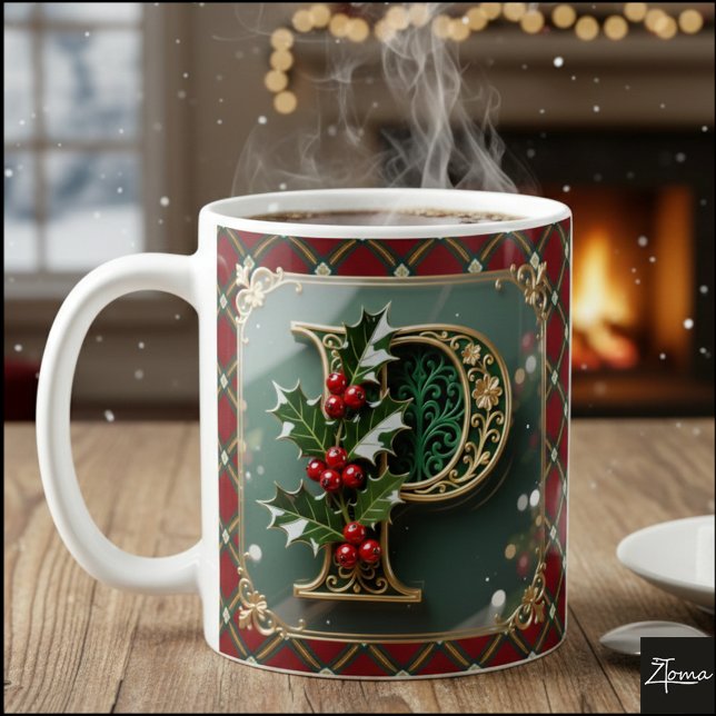 Taza De Café Elegant Gold Holly Christmas Initial Letter P (Subido por el creador)