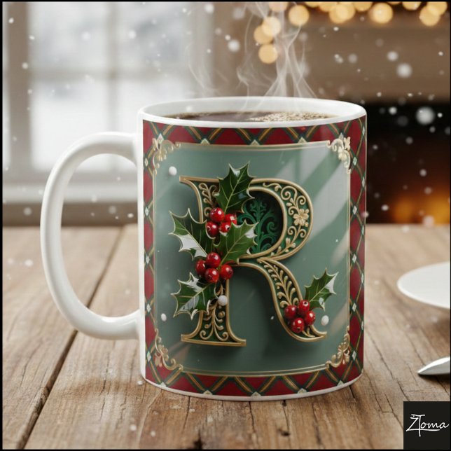 Taza De Café Elegant Gold Holly Christmas Initial Letter R (Subido por el creador)