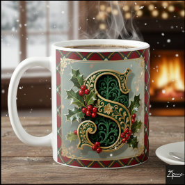 Taza De Café Elegant Gold Holly Christmas Initial Letter S