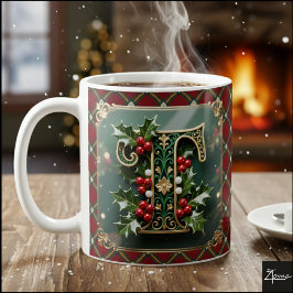 Taza De Café Elegant Gold Holly Christmas Initial Letter T