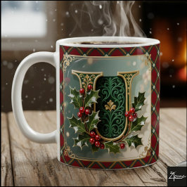Taza De Café Elegant Gold Holly Christmas Initial Letter U