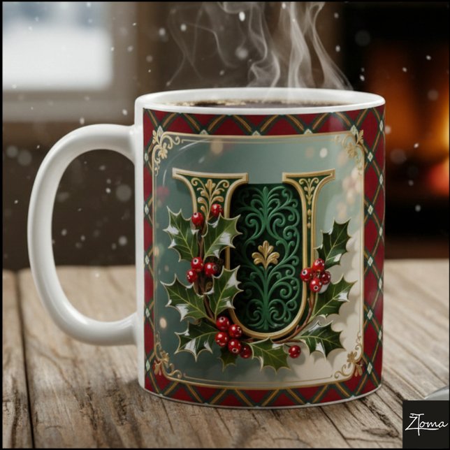 Taza De Café Elegant Gold Holly Christmas Initial Letter U (Subido por el creador)