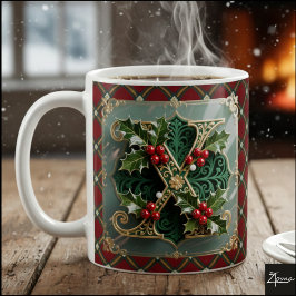 Taza De Café Elegant Gold Holly Christmas Initial Letter X