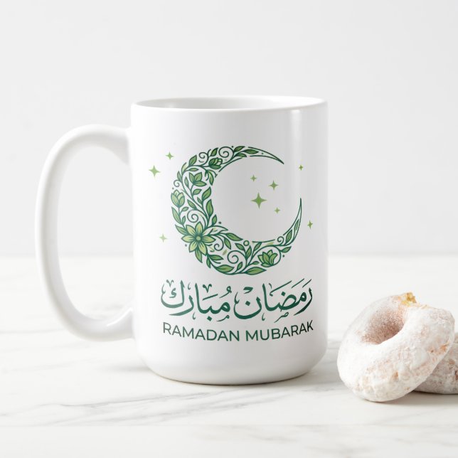 Taza De Café Elegant Green Floral Crescent Ramadan Mubarak Arab (Con donut)
