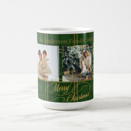 Taza De Café Elegant Green Tartan Family Photo Christmas Card