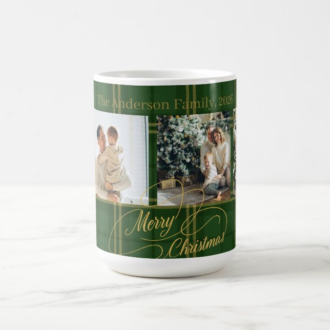 Taza De Café Elegant Green Tartan Family Photo Christmas Card (Centro)