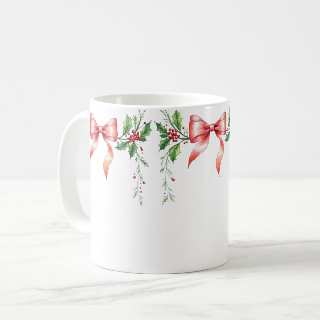 Taza De Café Elegant Holiday Bow with Holly Leaves Design (Anverso izquierdo)