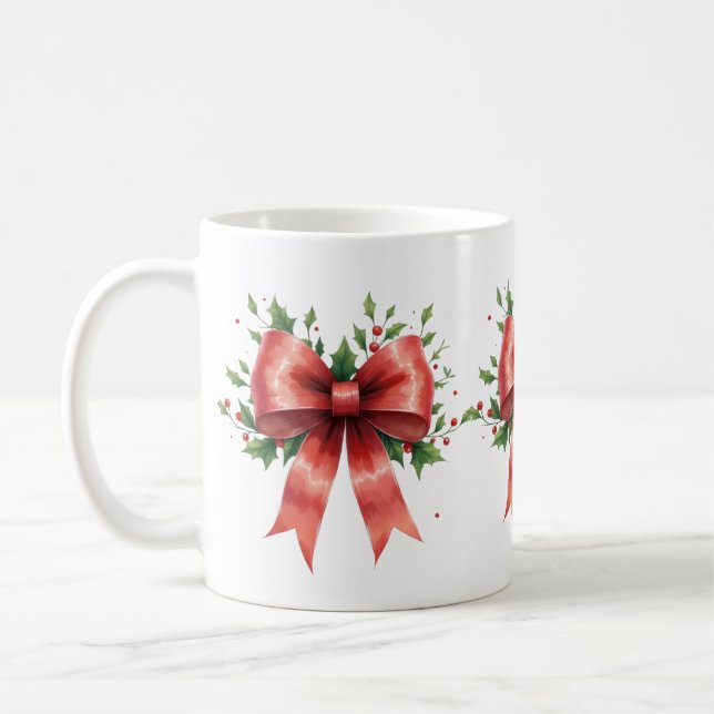 Taza De Café Elegant Holiday Bow with Holly Leaves Design (Izquierda)
