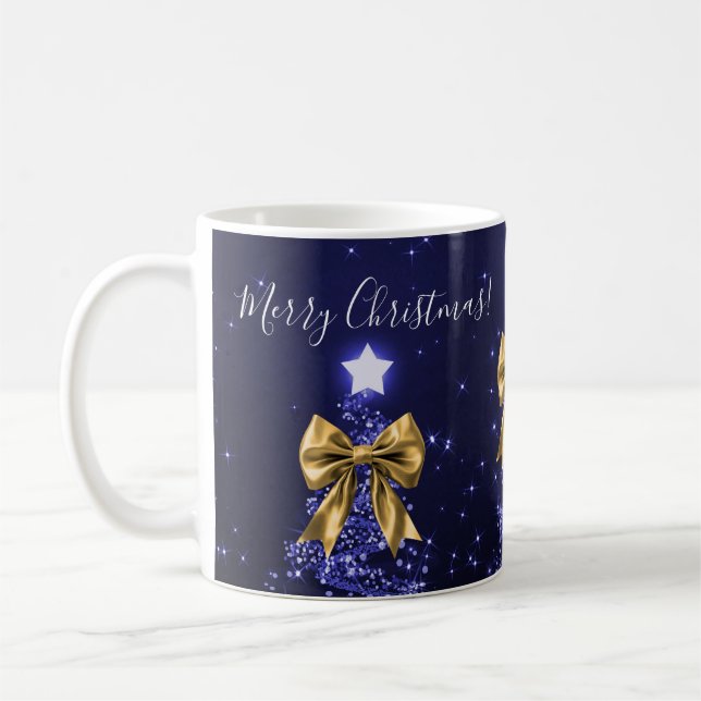 Taza De Café Elegant Holiday Navy Christmas Trees Bows Gold  (Izquierda)