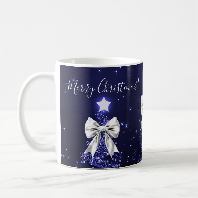 Taza De Café Elegant Holiday Navy Christmas Trees Silver Bows (Izquierda)
