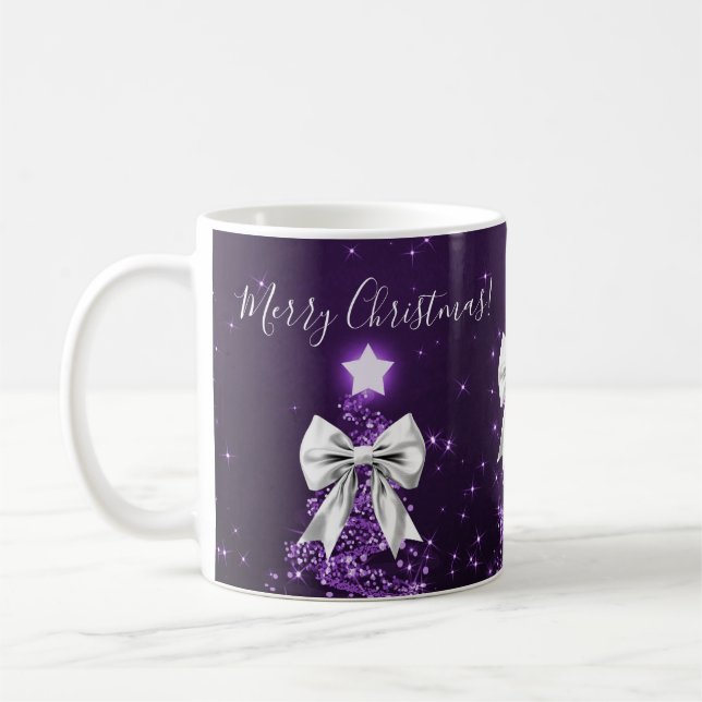 Taza De Café Elegant Holiday Purple Christmas Trees Silver Bows (Izquierda)