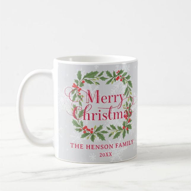 Taza De Café Elegant Holly Wreath Merry Christmas Family (Izquierda)