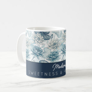 Taza De Café Elegant Monogram Blue Water Lily and Lotus