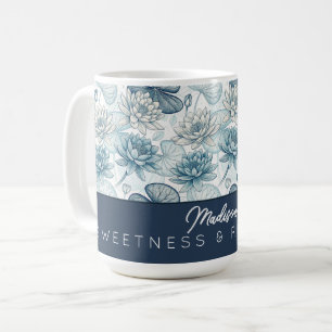 Taza De Café Elegant Monogram Blue Water Lily and Lotus