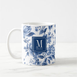 Taza De Café Elegant Monogram Blue White Floral Rose