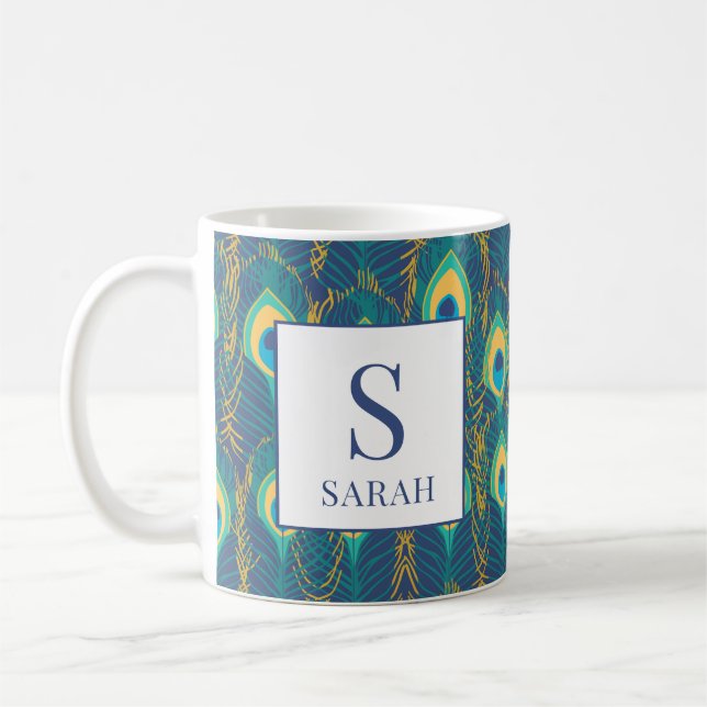 Taza De Café Elegant Peacock Feather Monogram Custom Name Mug (Izquierda)