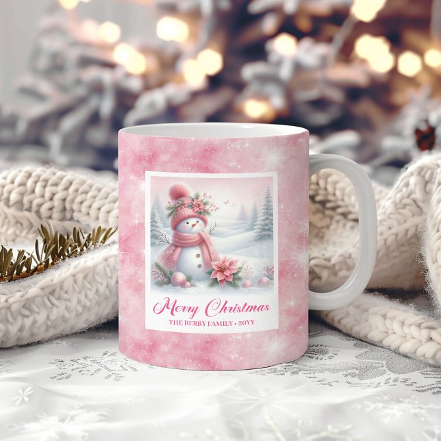 Taza De Café Elegant Pink Snowman Cozy Winter Forest Scene Xmas (Elegant Pink Snowman Cozy Winter Forest Scene Xmas Coffee Mug)
