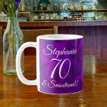 Taza De Café Elegant Purple 70 and Sensational Personalized<br><div class="desc">Elegant Purple 70 and Sensational Personalized Coffee Mug This is a special unique elegant abstract purple art birthday mug specially designed for your friends who are turning 70 and sensational! Personalize this mug with their name. Pair this mug with a wine label or an elegant purple personalized card from our...</div>