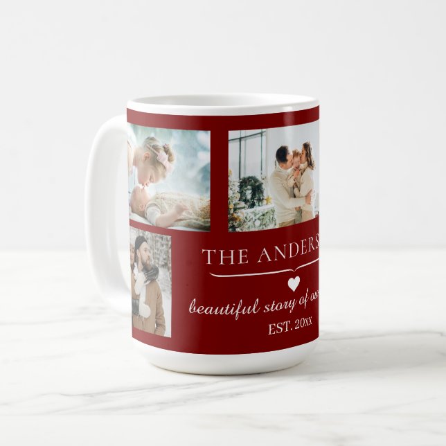 Taza De Café Elegant Red 5-Photo Family Collage Custom (Anverso izquierdo)