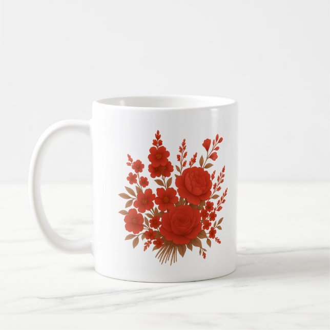 Taza De Café Elegant Red Floral Bouquet with Roses Romantic (Izquierda)