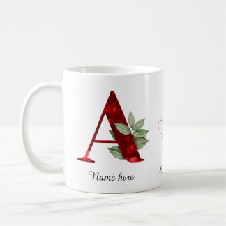 Taza De Café Elegant Red Heart Floral Letter A Initial Mug