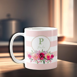 Taza De Café Elegant Watercolor Floral Monogram on Pink Stripes