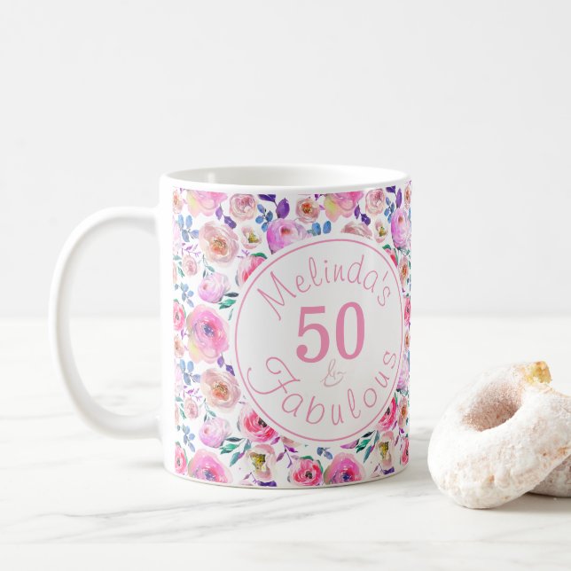 Taza De Café Elegante 50 y fabulosa acuarela con nombre (Con donut)