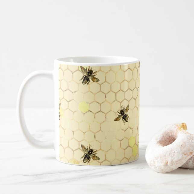 Taza De Café Elegante abejas amarillas doradas Honeycomb (Con donut)