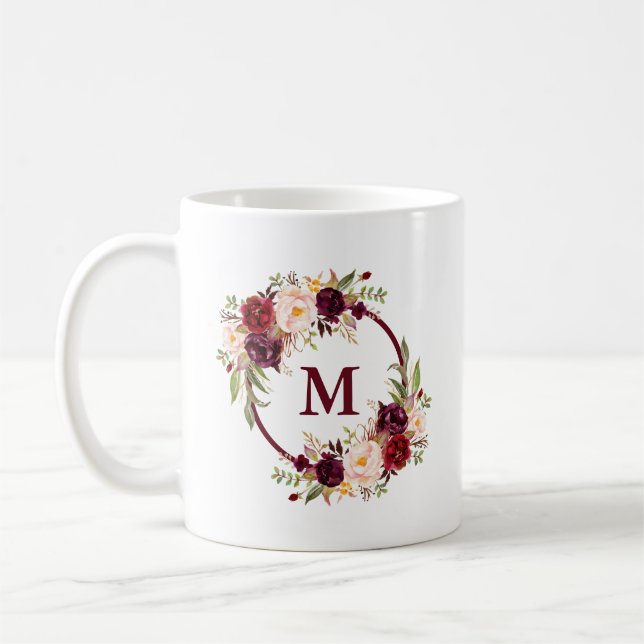 Taza De Café Elegante acuarela Borgoña Floral Monograma (Izquierda)