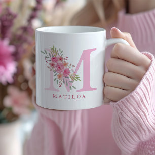 Taza De Café Elegante acuarela Color rosa Floral Monograma Nomb
