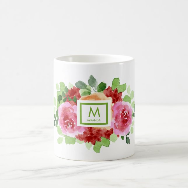 Taza De Café Elegante acuarela Floral Bouquet Monograma (Centro)