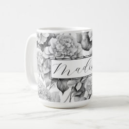 Taza De Café Elegante acuarela floral gris y blanco
