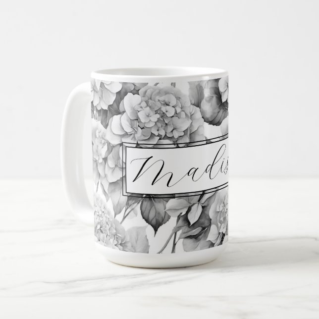 Taza De Café Elegante acuarela floral gris y blanco (Anverso izquierdo)