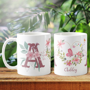 Taza De Café Elegante acuarela Floral Mariposa Monograma A