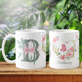Taza De Café Elegante acuarela Floral Mariposa Monograma B