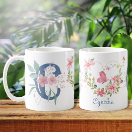 Taza De Café Elegante acuarela Floral Mariposa Monograma C