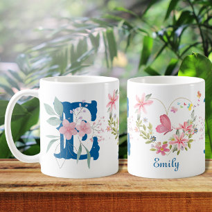 Taza De Café Elegante acuarela Floral Mariposa Monograma E