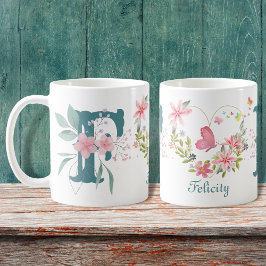 Taza De Café Elegante acuarela Floral Mariposa Monograma F