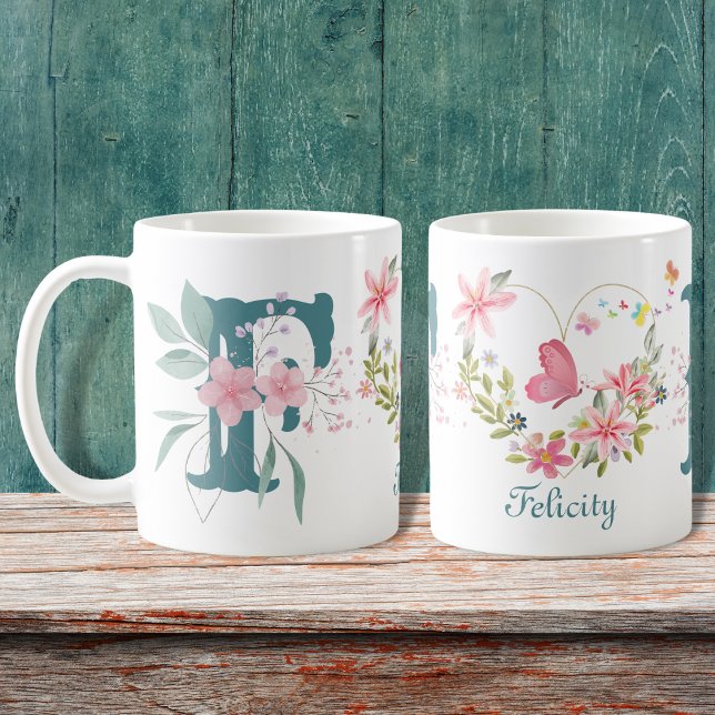 Taza De Café Elegante acuarela Floral Mariposa Monograma F (Subido por el creador)